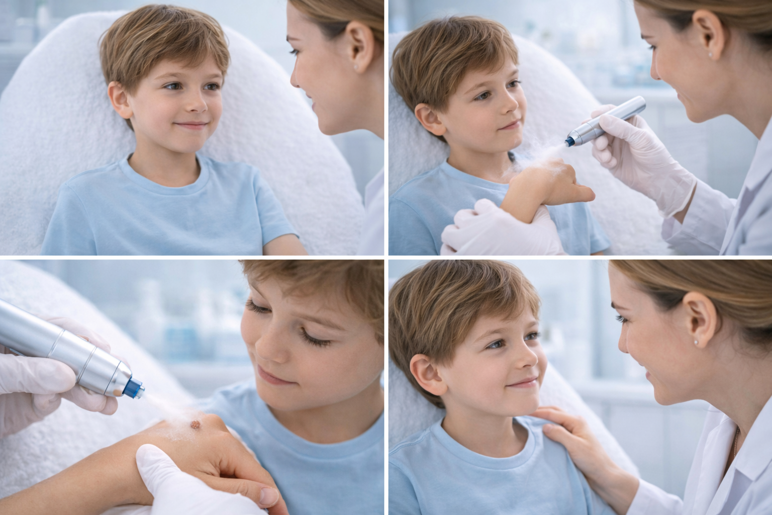 A child sitting calmly while a medical professional applies treatment to their skin.